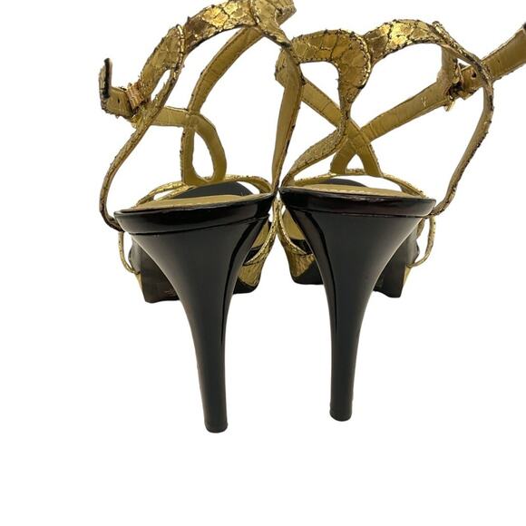 Marc Fisher Sandal SZ 8.5 Women Gold Belia Ankle Strap Stiletto Heel Snakeskin - Picture 13 of 15